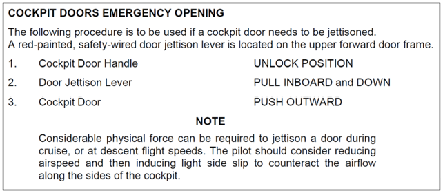 Pilatus PC-6 airplane flight manual procedure for cockpit door emergency opening'