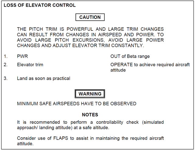 Pilatus PC-6 airplane flight manual procedure for loss of elevator control.