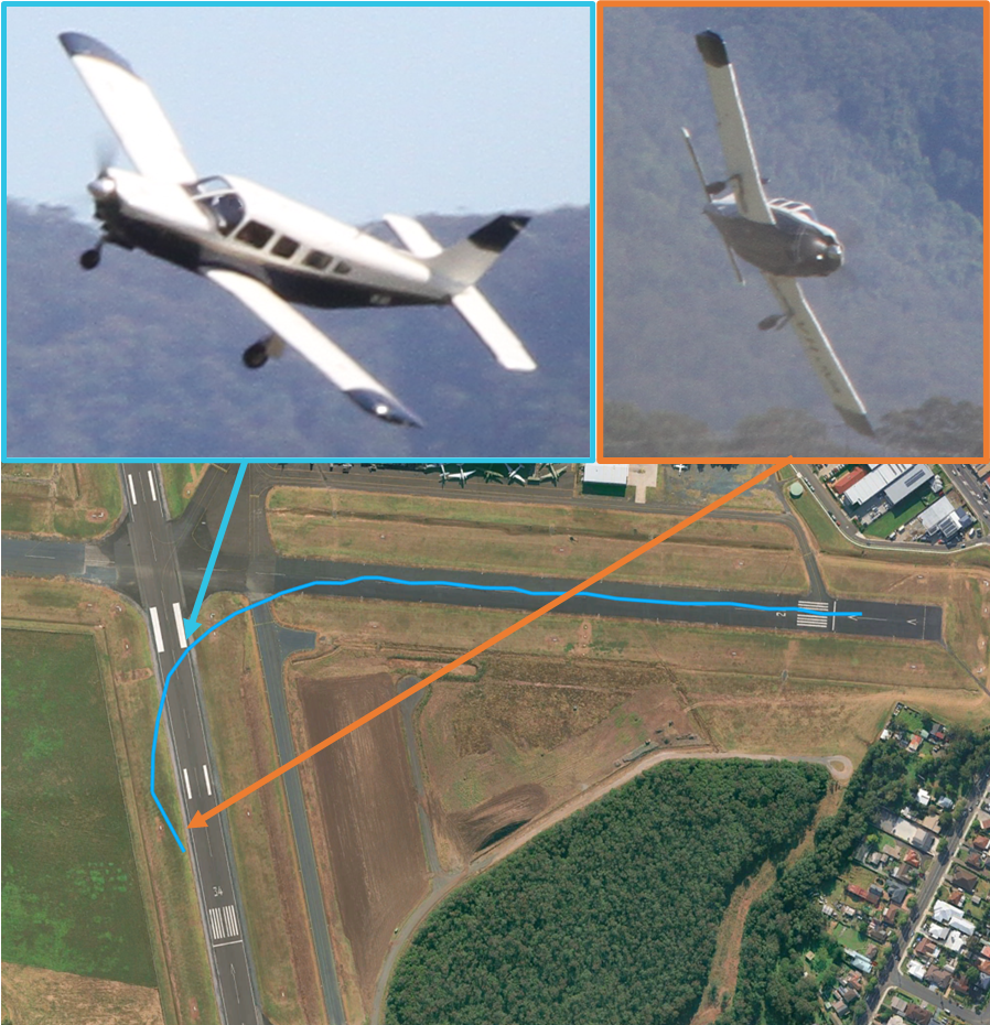 The two images taken by the witness showing the aircraft in a left turn. The location of the aircraft along the ADSB track is identified.
