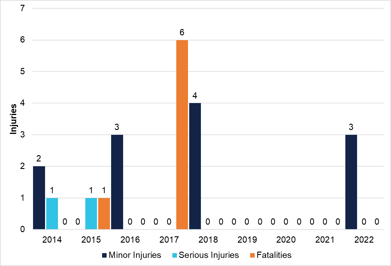 Reported aeroplane joyflights/sightseeing injuries per year (2014–2022)