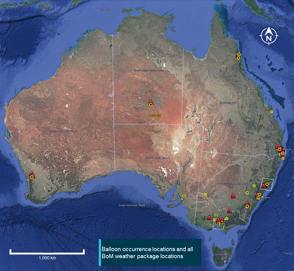 Reported commercial ballooning occurrences 2014–2022 (red triangle) and weather package locations (yellow circle)