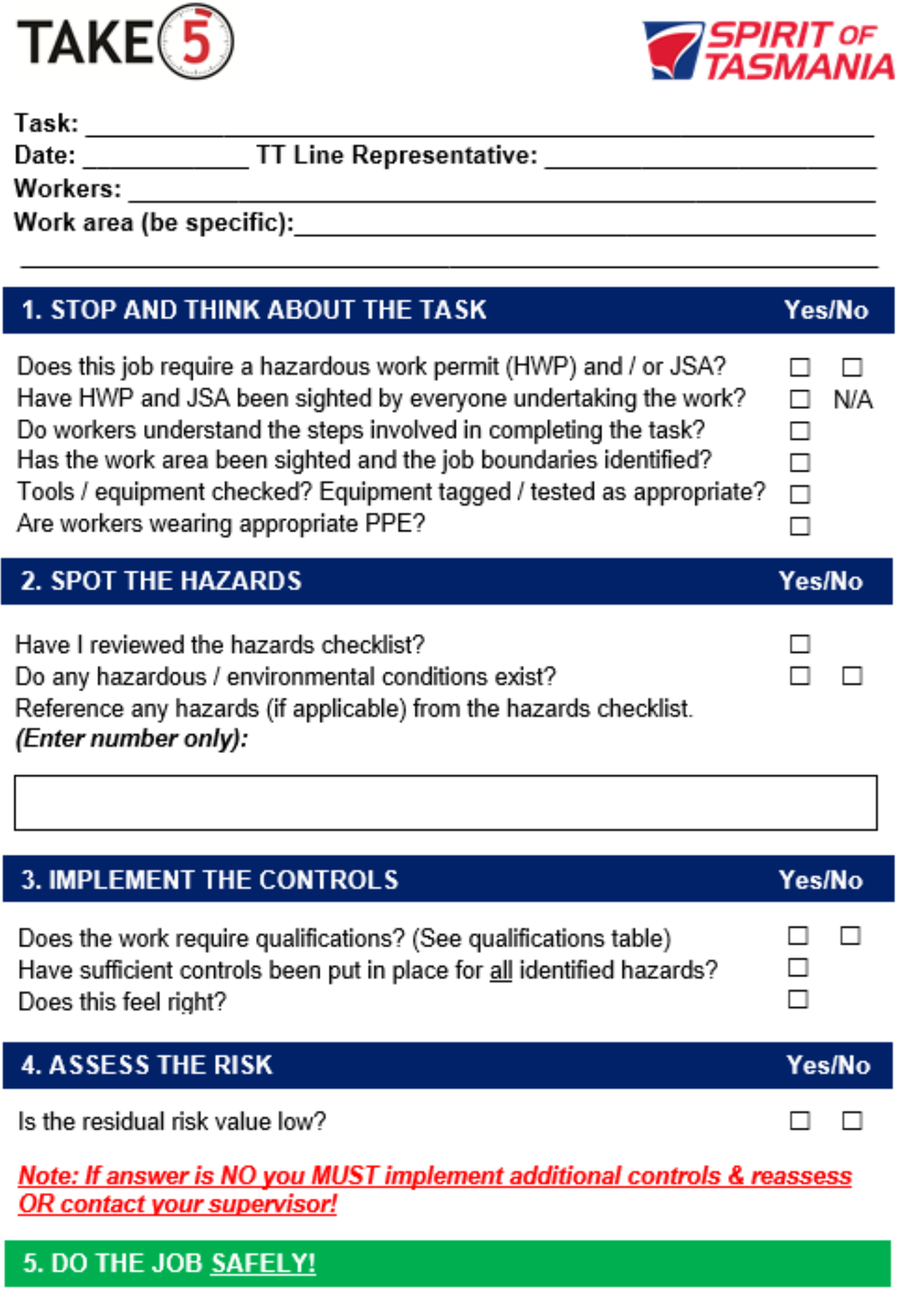 Take 5 checklist