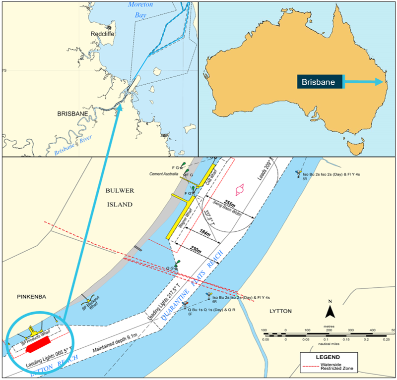 A group of charts showing the location of the ship berthed alongside BP products berth at Pinkenba, in the port of Brisbane, Queensland.  