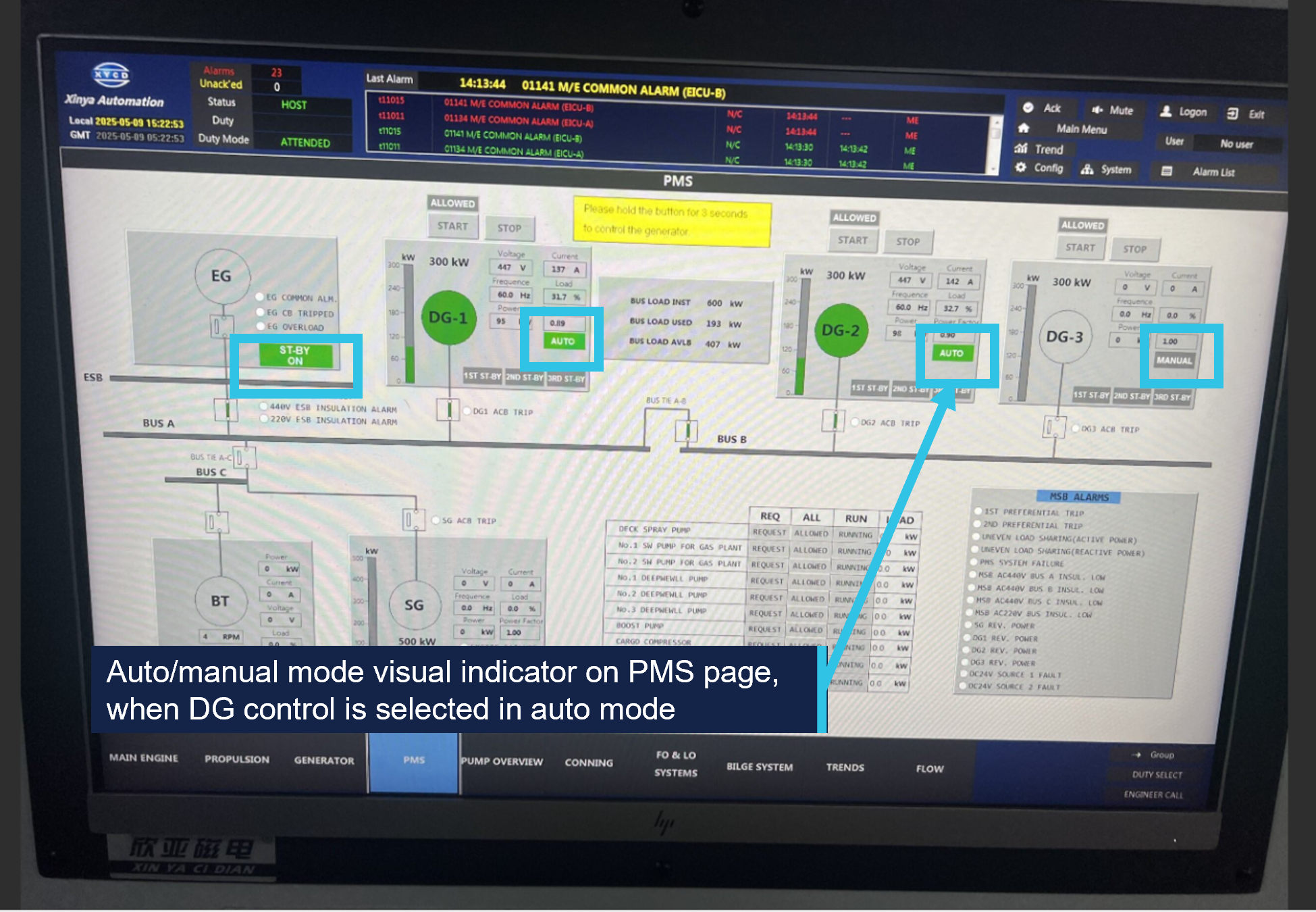 An image of the ship's machinery and alarm monitoring display, showing generator status. 