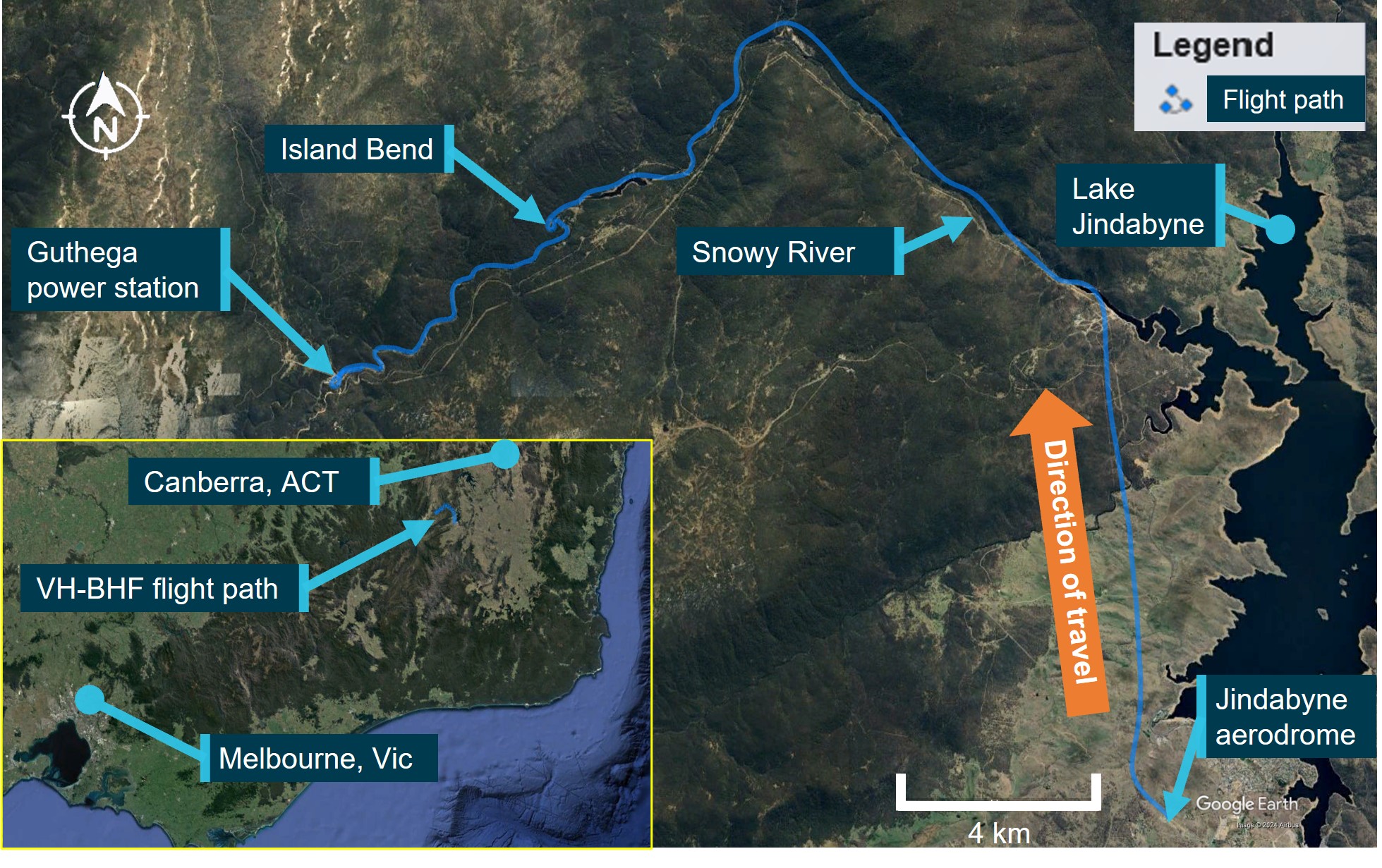 VH-BHF flight path from Jindabyne aerodrome to Guthega power station with inset showing location relative to capital cities