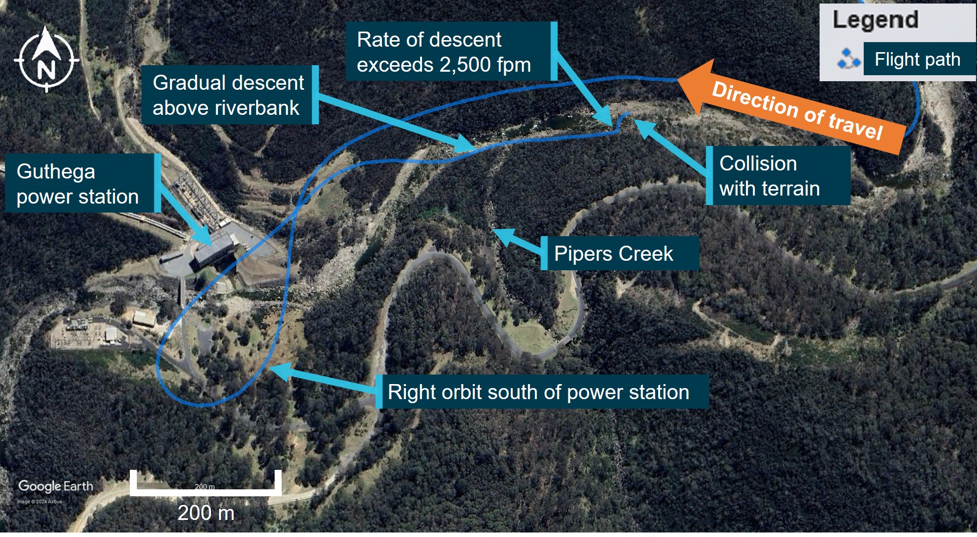 Approach to Guthega power station, orbit to the south, descent and collision with terrain