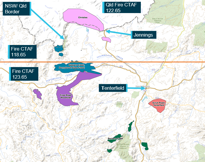 Map of active fires around NSW/Qld border
