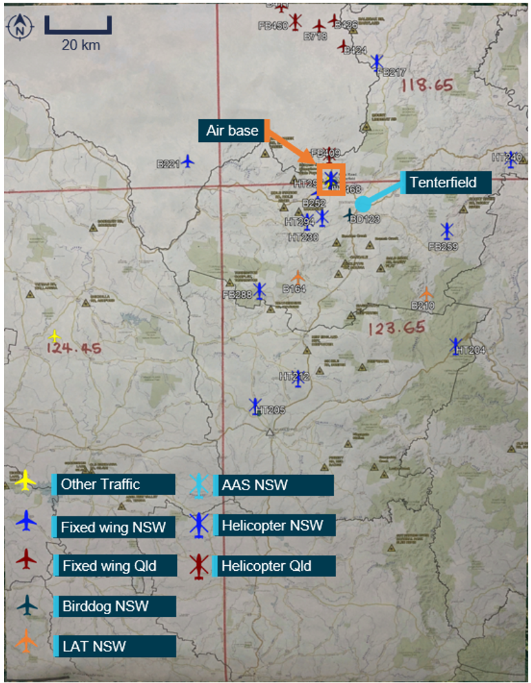 Map depicting aircraft operating in Tenterfield area