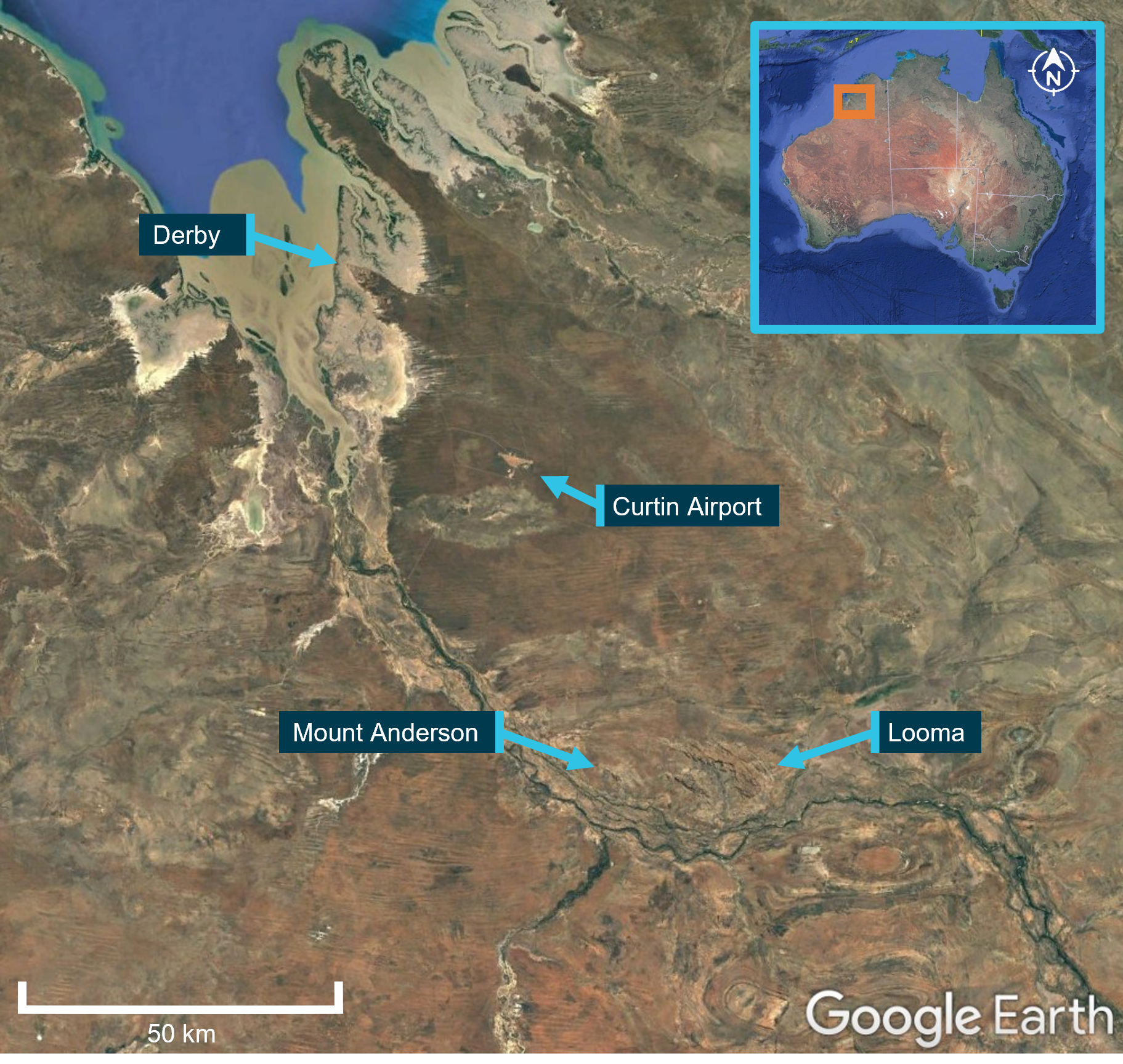 A map showing the location of Mount Anderson Station in relation to nearby towns in the Kimberley region of Western Australia.