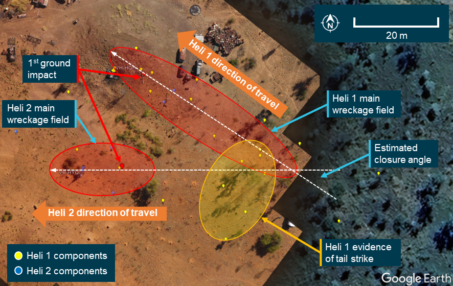 This image shows the two main wreckage fields and the estimated flight path for each helicopter.