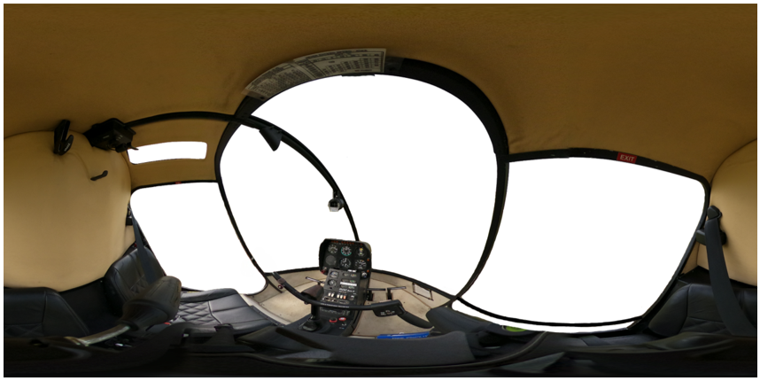 This is an equirectangular image that shows where the aircraft structure obscures the view of the helicopter's surroundings.