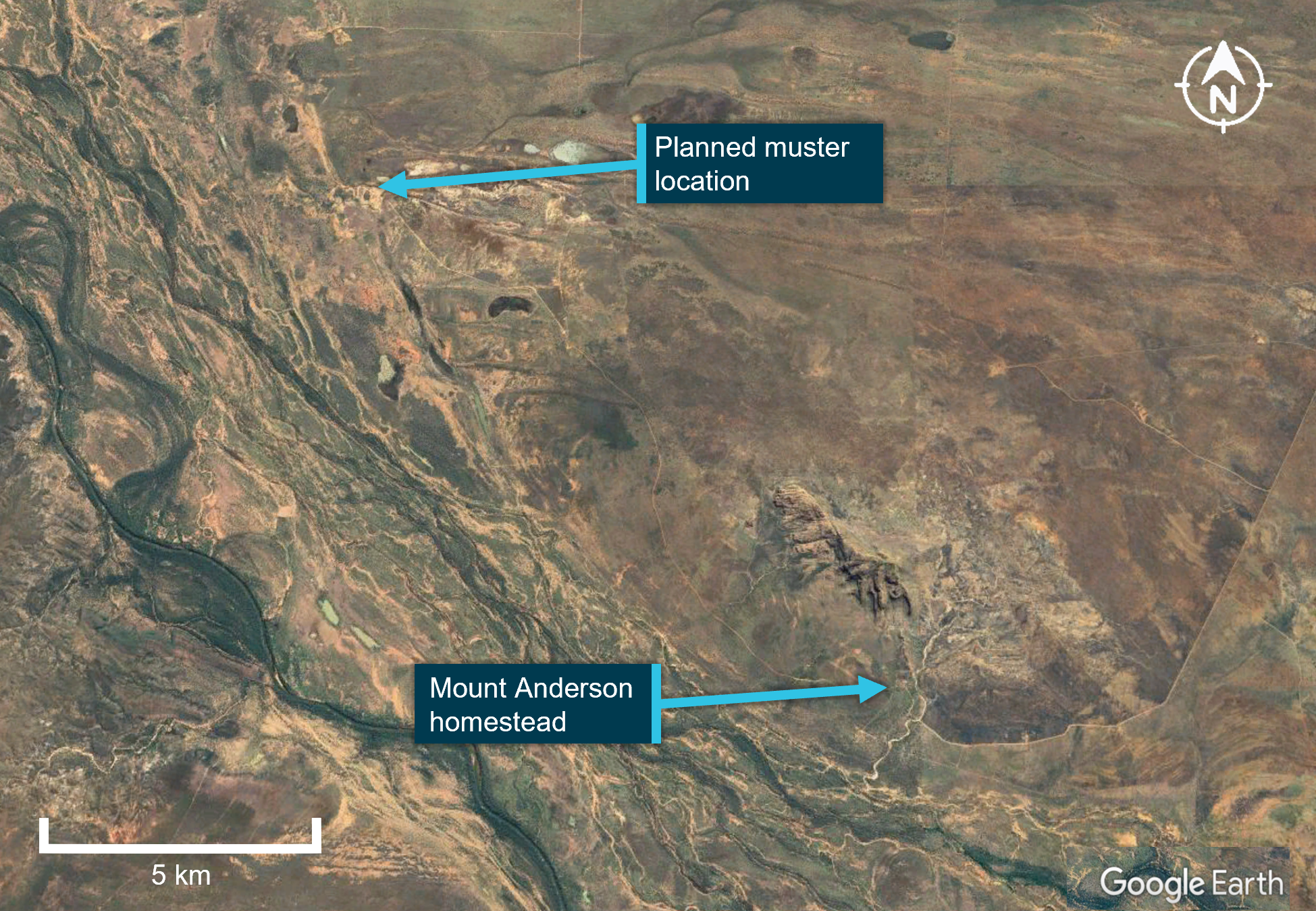 This image shows the location of the planned area to be mustered on the day of the accident in relation to the Mount Anderson homestead where the helicopters were parked overnight.