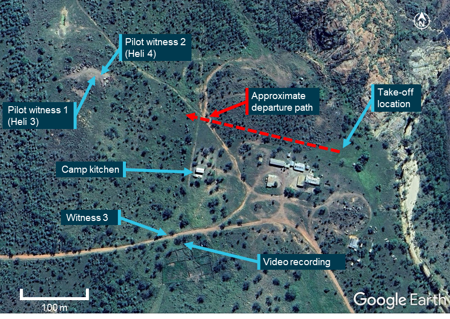 This image shows where the helicopters were parked at the homestead, the location of witnesses, and the approximate flight path relative to these locations.
