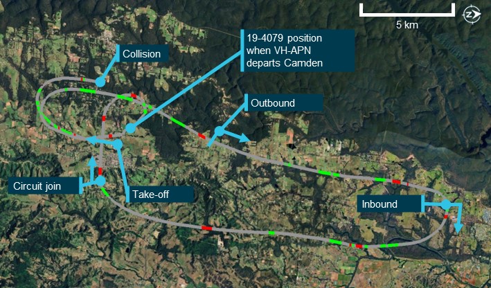 Flight track showing the position of 19-4079 when no transmission was detected (grey lines), and when radio calls were transmitted (red lines) and received (green lines) by 19-4079 during the accident flight