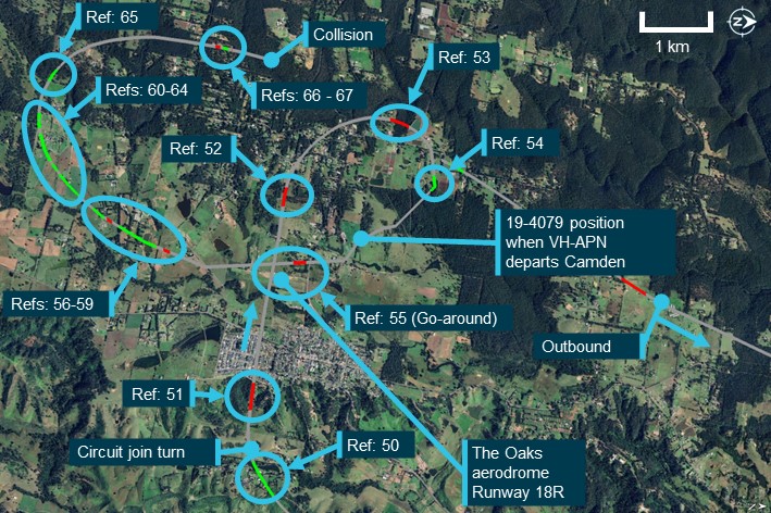 Flight track showing the position of 19-4079 with no transmission was detected (grey lines), and when radio calls were transmitted (red lines) and received (green lines) by 19-4079 after returning to The Oaks to the collision