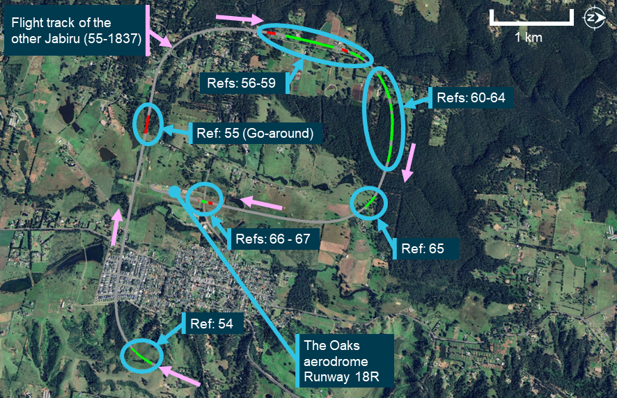 Flight track of the other Jabiru, showing positions with no transmissions detected (grey lines), and when signals were transmitted (red lines) and received (green lines) by 19-4079 after returning to The Oaks to the collision
