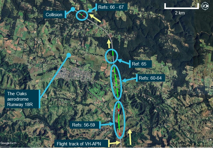 Flight tracks of VH-APN and the other Jabiru, showing where no transmissions were detected (grey lines), and when signals were transmitted (red lines) and received (green lines) by 19-4079 after returning to The Oaks to the collision
