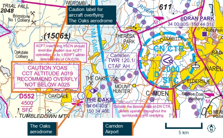 An extract of the Sydney visual terminal chart dated 13 June 2024 showing The Oaks aerodrome and Camden Airport.