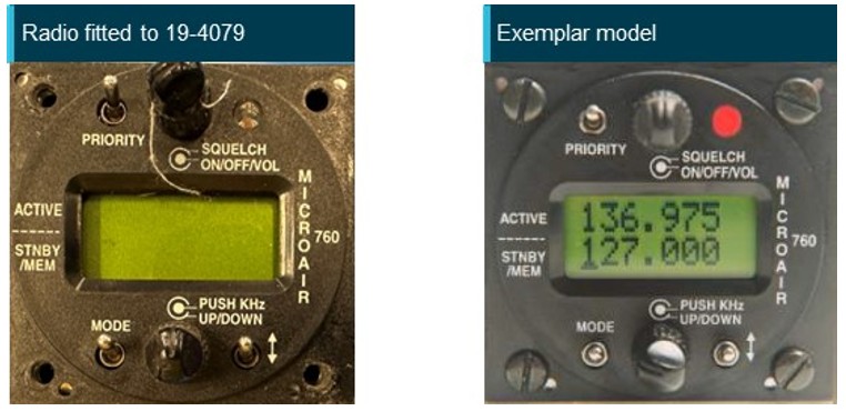 Radio instrument model fitted to 19-4079. Also showing an exemplar model with active and standby radio frequencies.