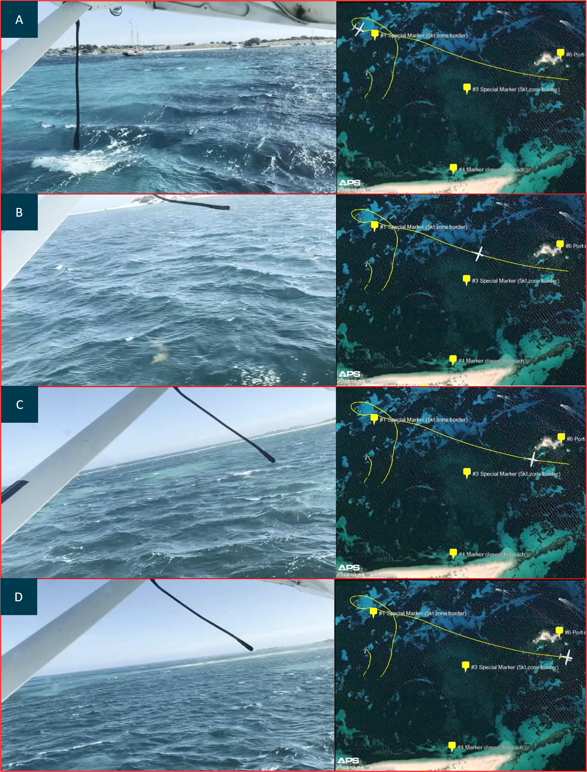 Eight images arranged with four rows, each showing a still of video footage from the take-off of VH-WTY and the approximate coincidental position during the take-off, arranged side by side. 