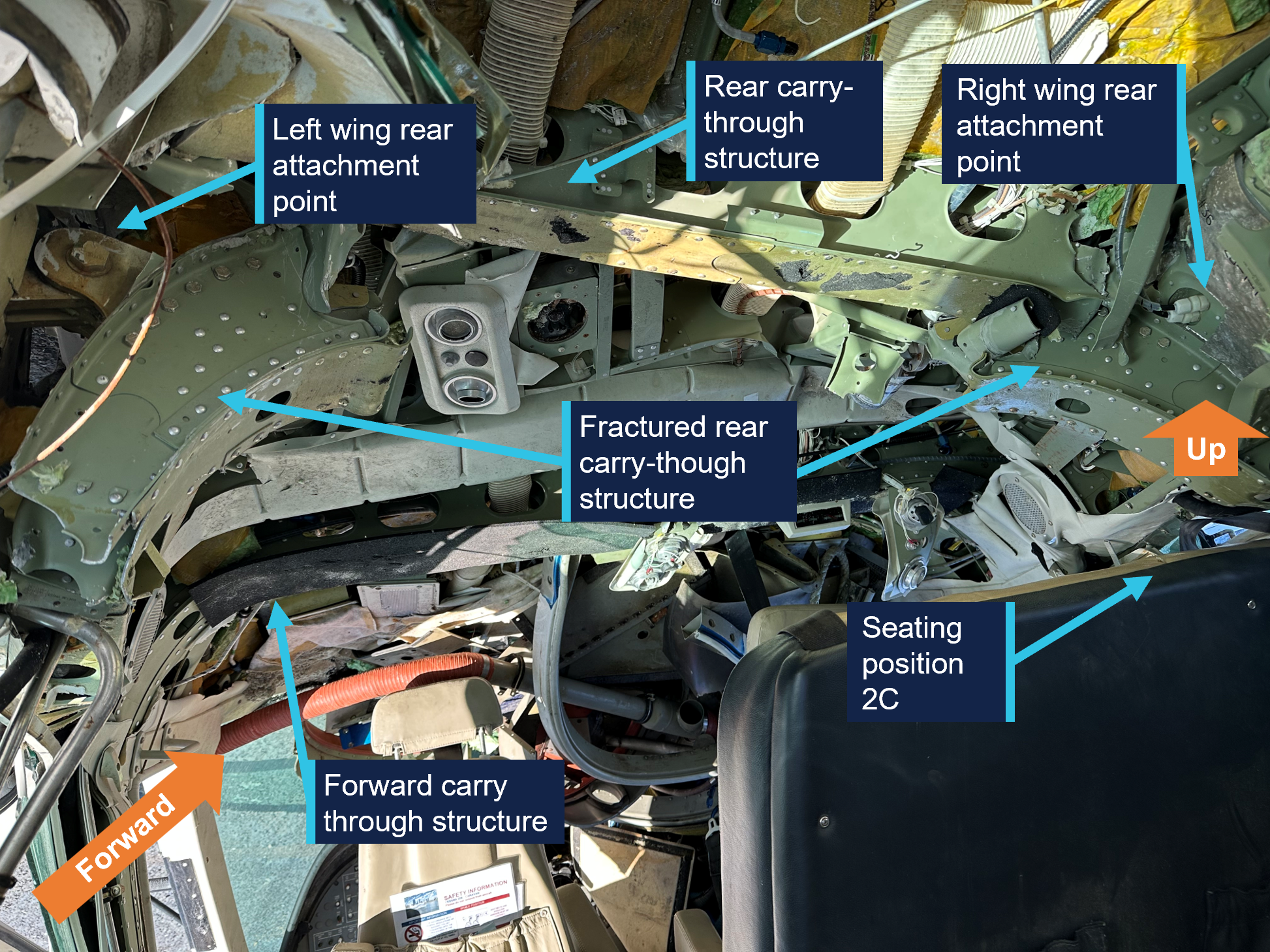 Internal cabin showing fuselage and wing support structural damage. The image is taken from the rear of the cabin looking towards the cockpit.