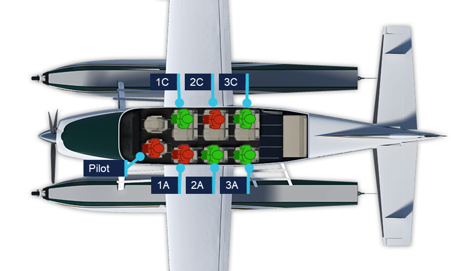 Cessna 208 seating plan showing the occupant location of those who survived and those who sustained fatal injuries