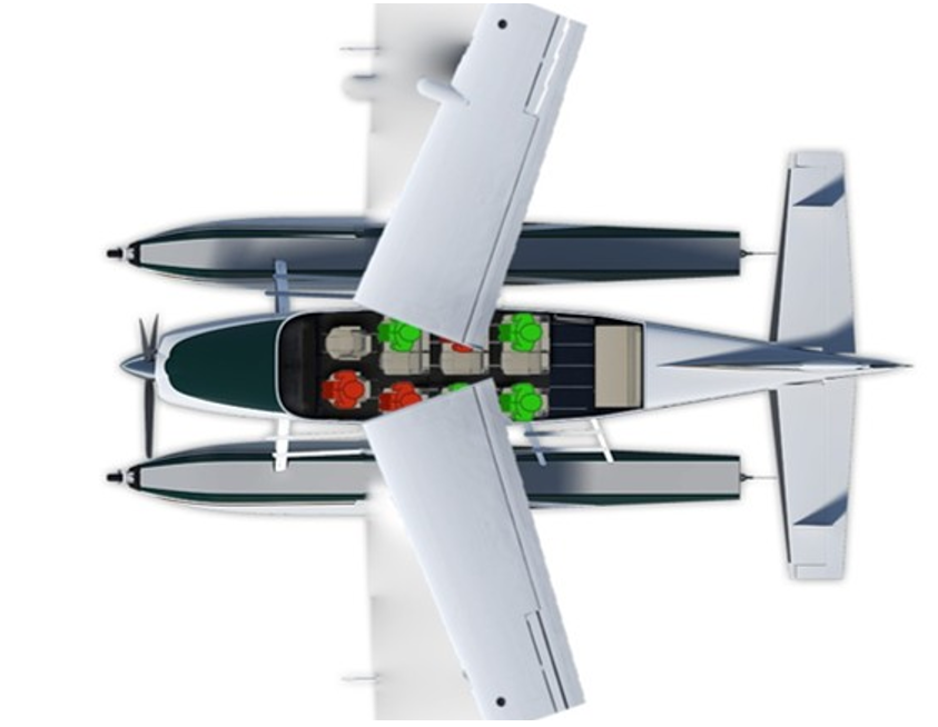 An illustration of a C208 floatplane in plane view. The normal position of the wings at right angle to the fuselage has been modified to illustrate the pulling back of the wings in the collision. The wings have been pulled back to approximately 45 degrees to the fuselage.