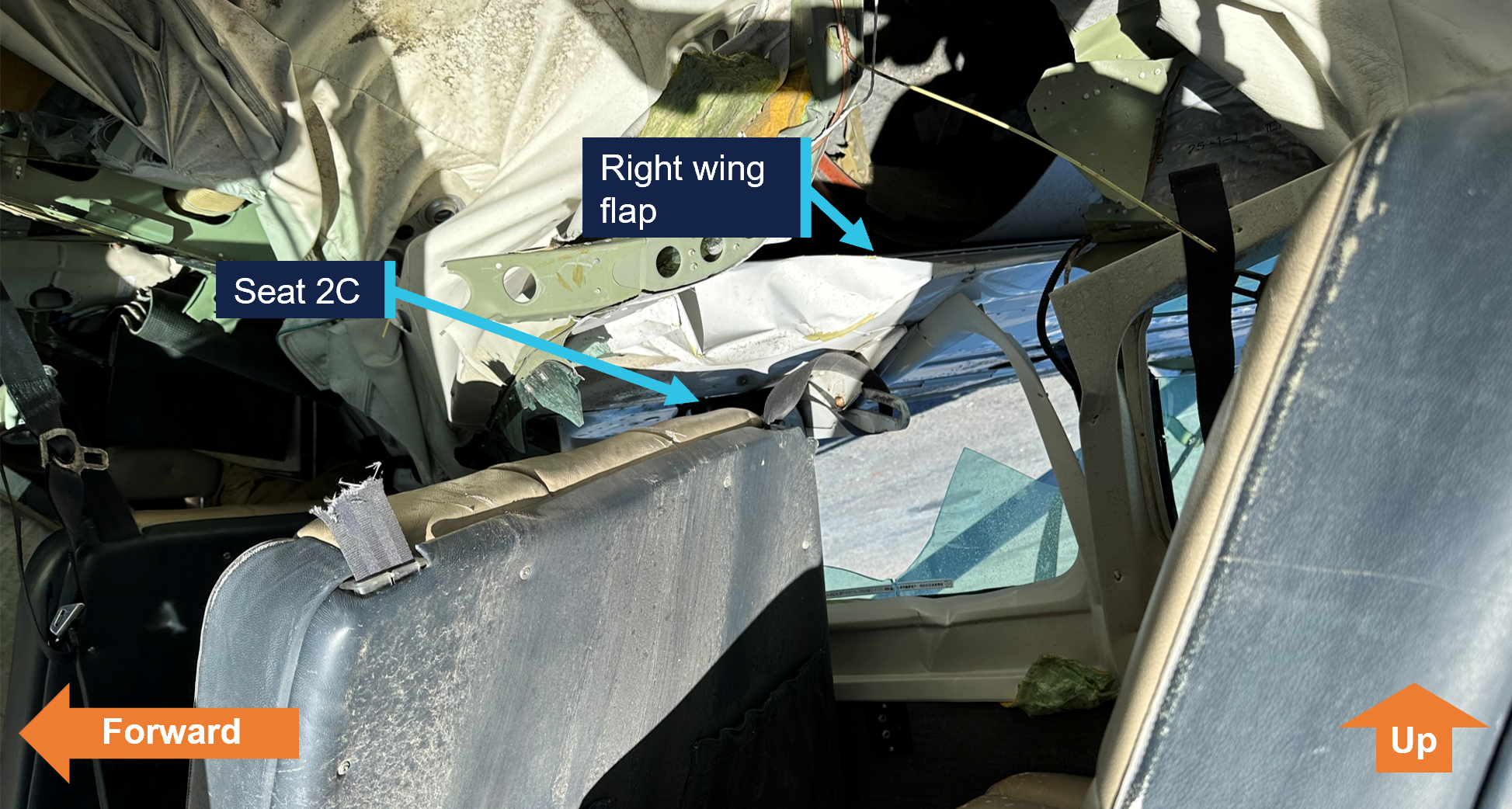 Right wing ingress into VH-WTY cabin and position of seat 2C