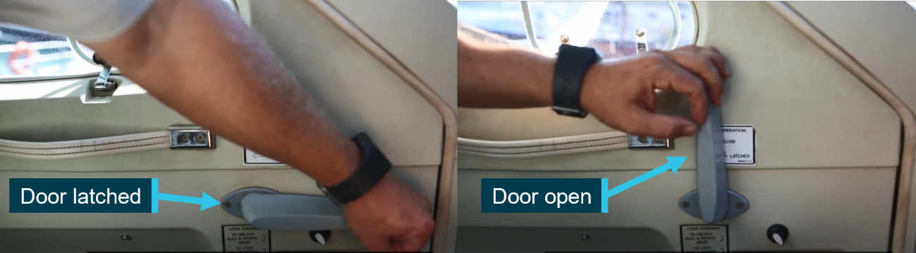 The image is divided in two, arranged horizontally. The image shows a person moving the door handle of a C208 crew door. 