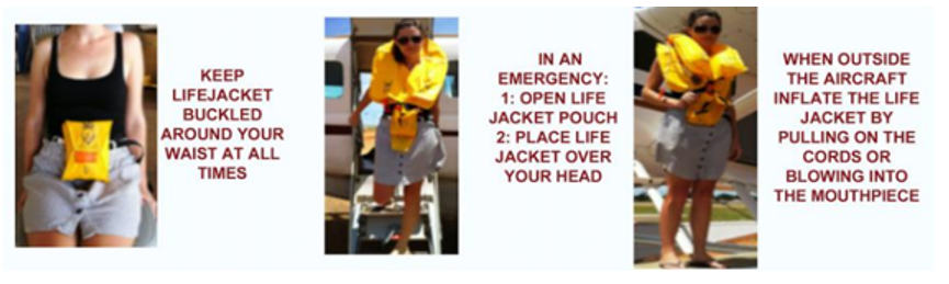Passenger life jacket wearing, donning and inflating instructions 