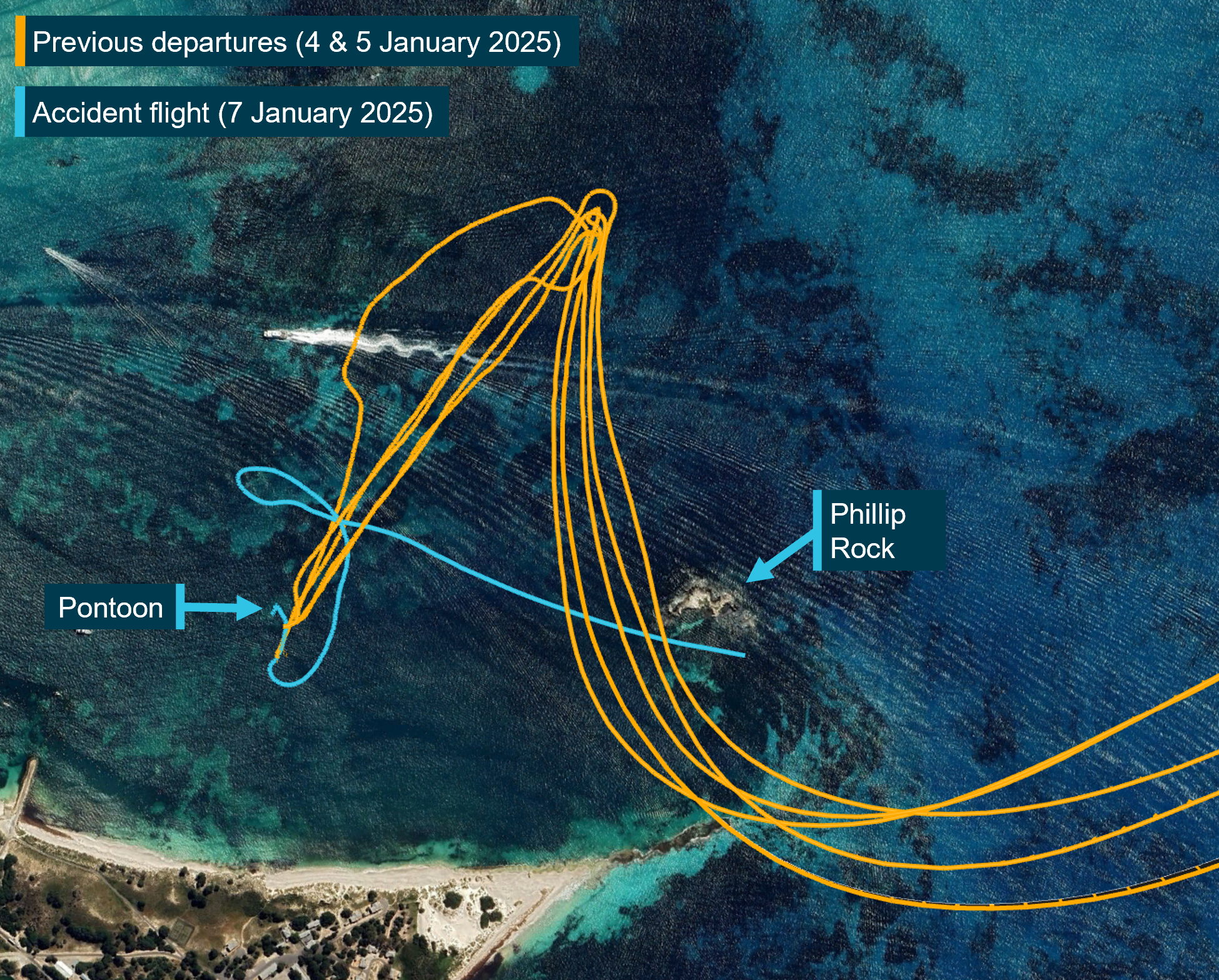 Recorded departure tracks for VH-WTY within Thomson Bay displaying the difference between the accident flight and the previous flights