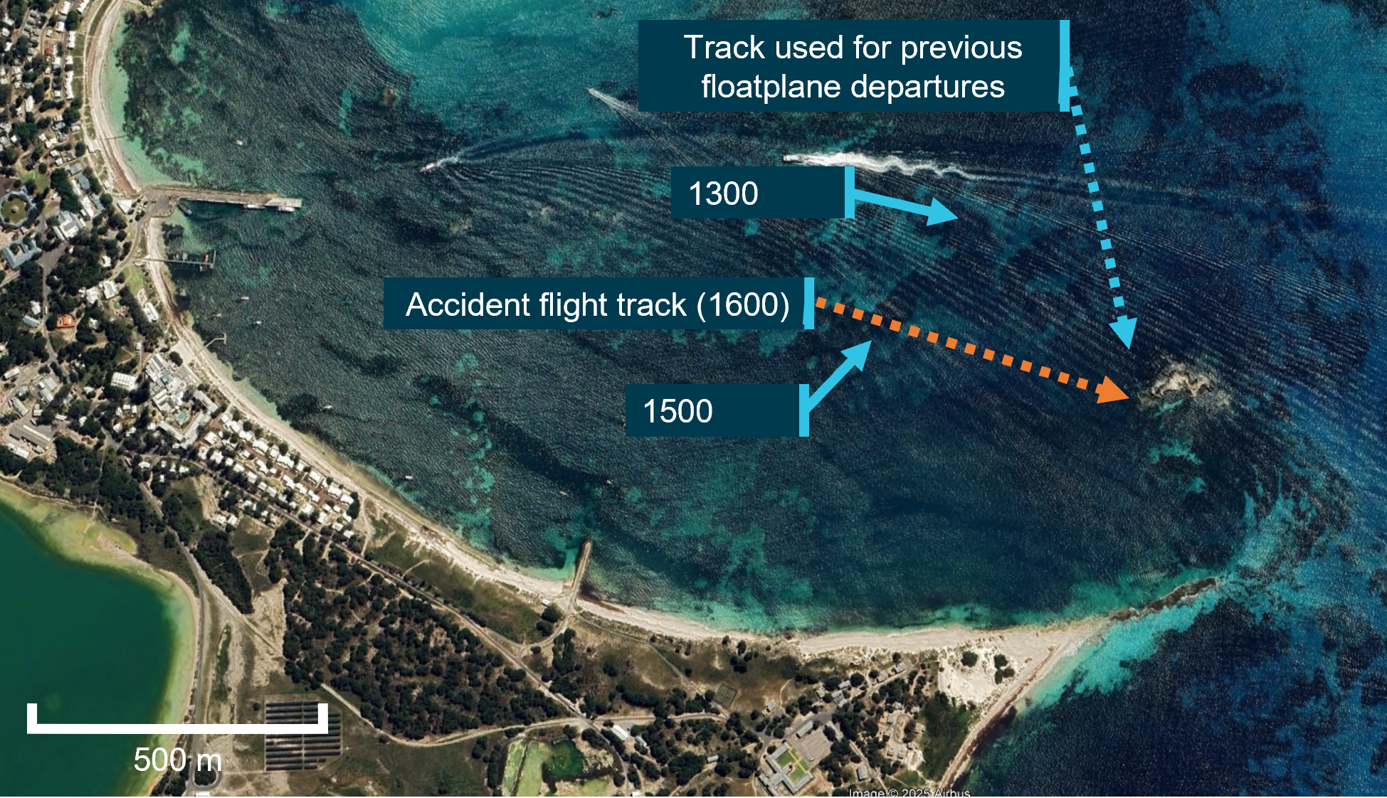 Satellite image of Thomson Bay showing farthest (most easterly) recorded positions of Swan River Seaplanes during inspection journeys at 1300 and 1500, 7 January 2025