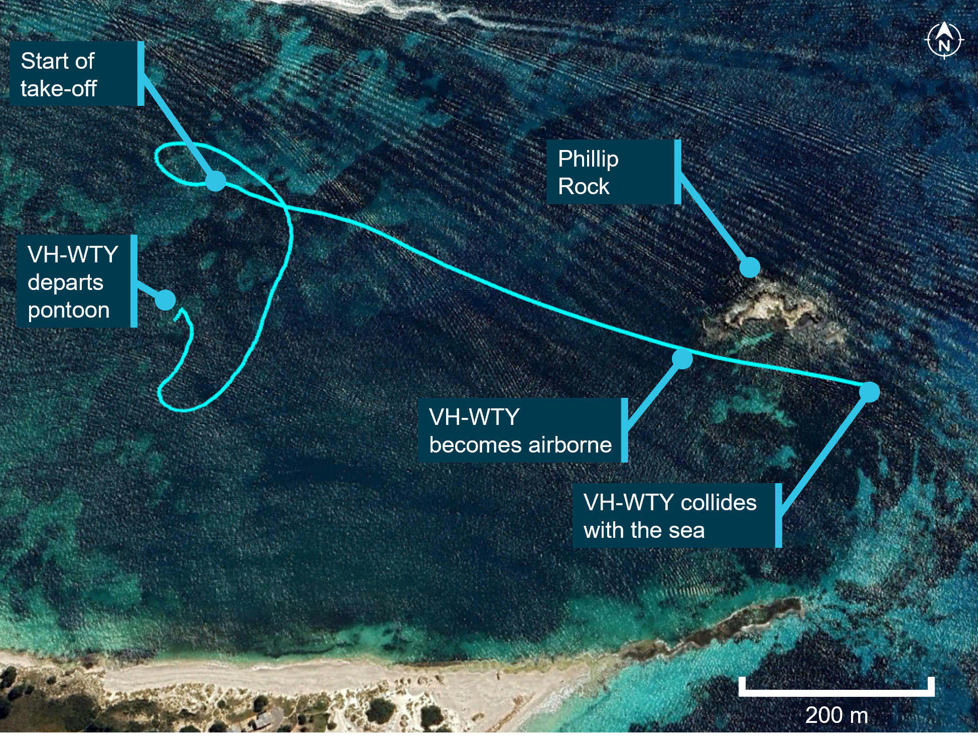 A satellite image of Thomson Bay, with the track of VH-WTY marked and key locations labelled. 
