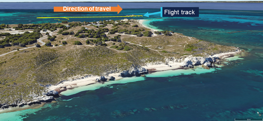 Overhead photography   of Thomson Bay near Phillip Point, with track of VH-WTY highlighted