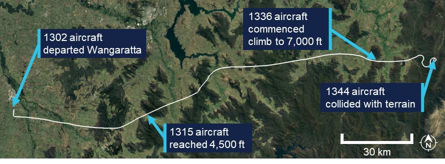 The flight path of VH-KZK for the accident flight, shown as a line overlaid on a satellite map.