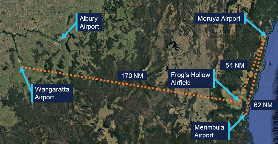 A satellite photograph showing the different aerodromes used by VH-KZK and the distances between them. 