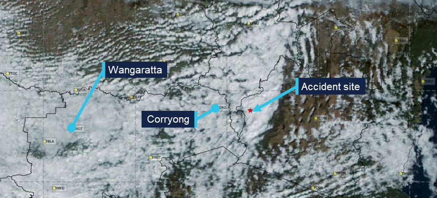 A satellite photograph showing the Victoria/New South Wales border region, with cloud cover over the accident site.