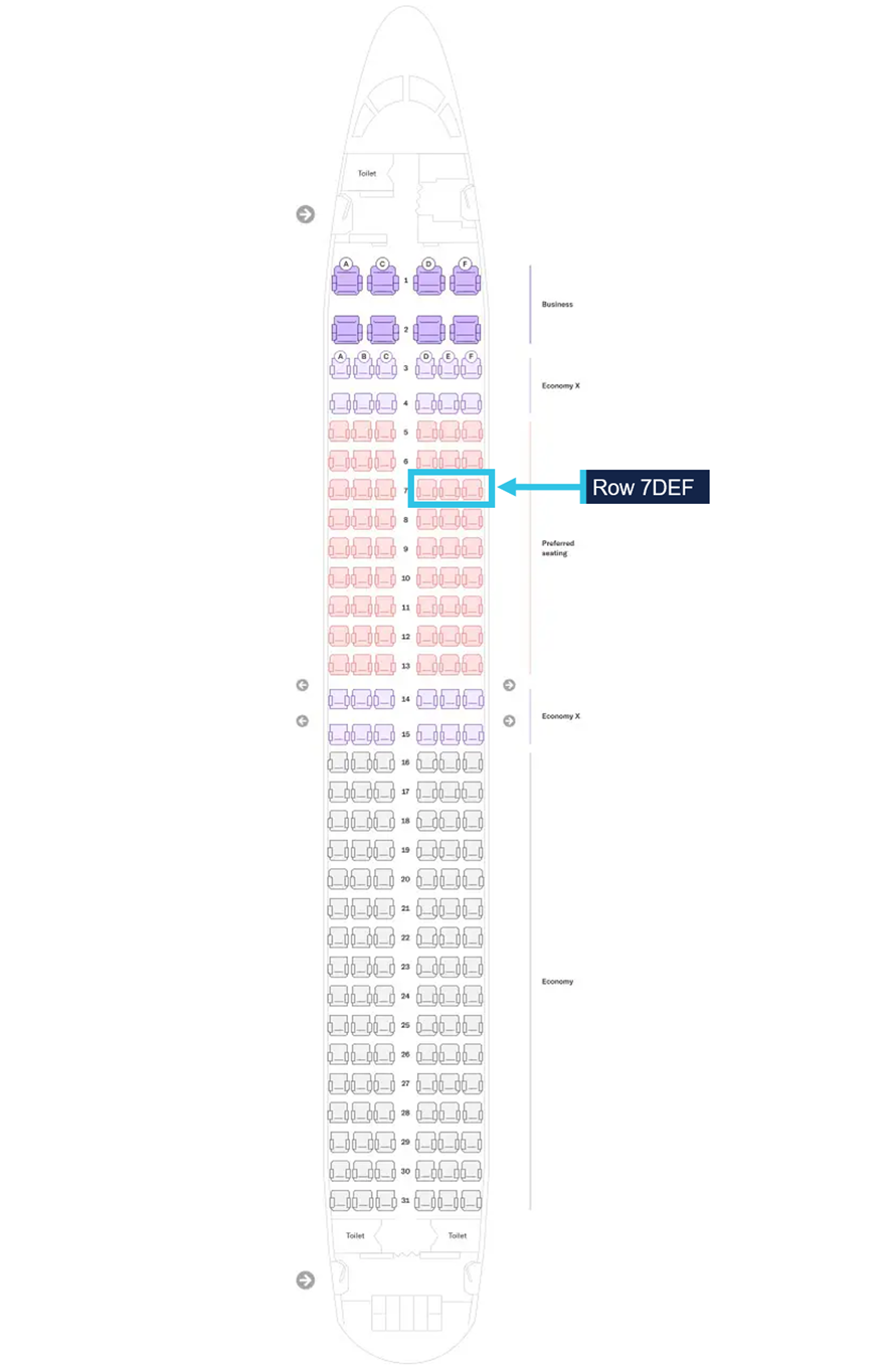 Image of Boeing 727 seating map, highlight row 7DEF