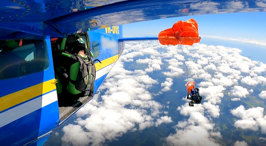 Reserve parachute wrapped around horizontal stabiliser with Parachutist 1 suspended beneath it