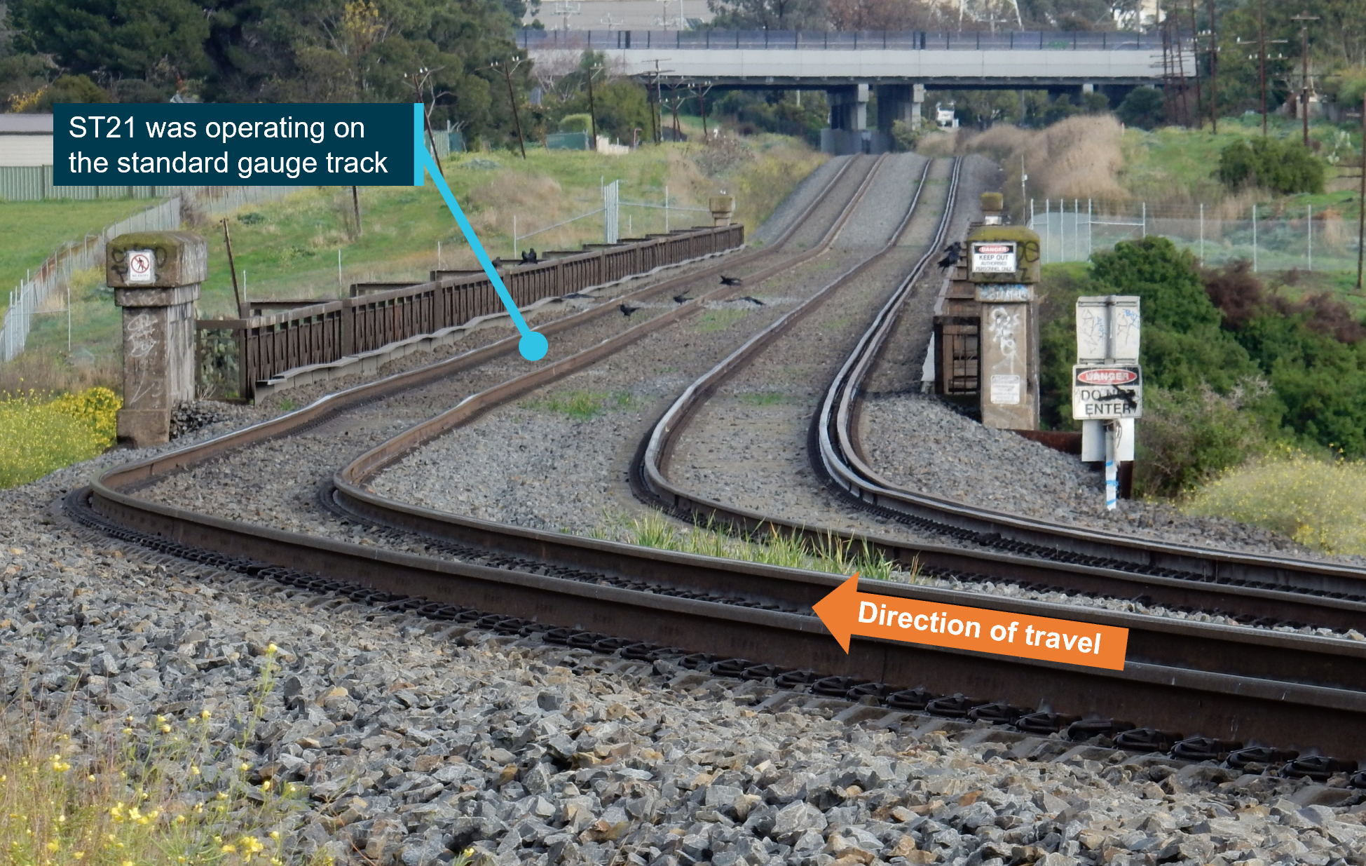 A picture showing the TSR location at the Mooney Ponds Creek bridge. The trains direction of travel and the track that it was operating on is marked. 