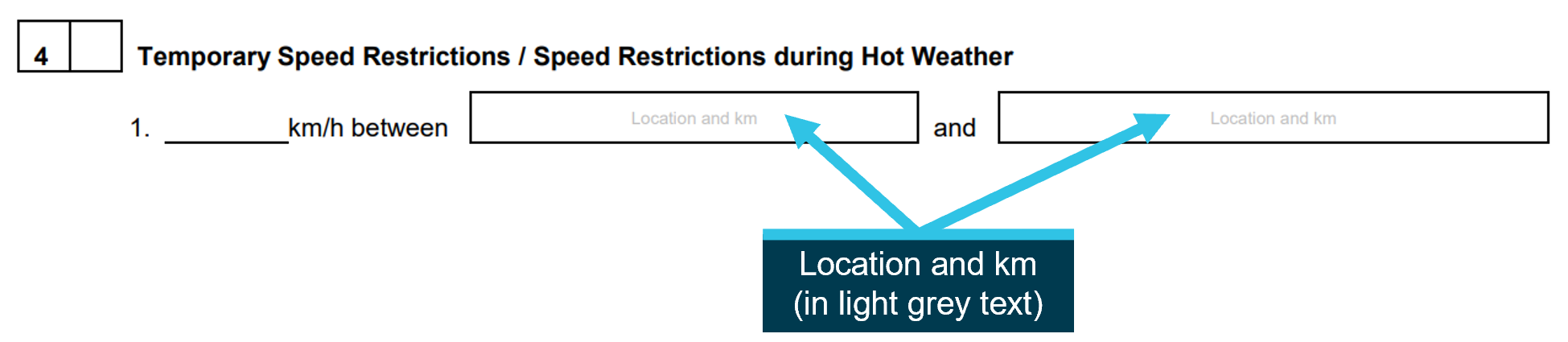 A section extracted from a blank CAN warning form showing the space provided for specifying TSR limits and the associated instructions in light grey text.