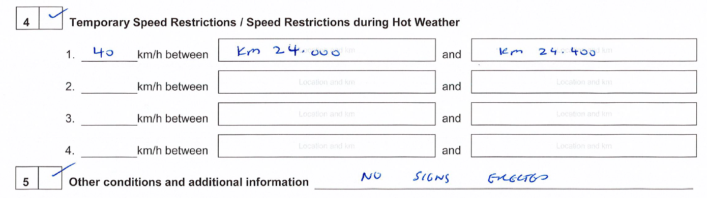 Sections 4 and 5 from the CAN warning form prepared by the NCO. The detail recorded in the location information boxes was 'km 24.000' and 'km 24.400'.