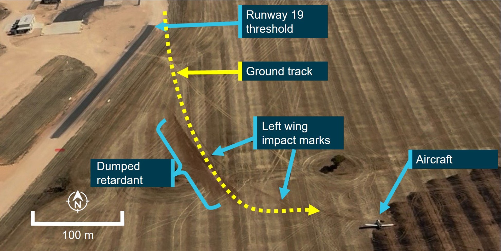 Linga Airbase showing aerial images showing ground track and final position of the occurrence aircraft. 