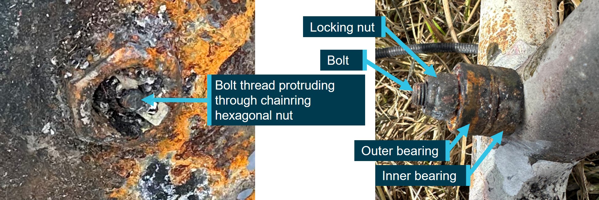 Location of bolt relative to hexagonal nut (left) and bearings (right)