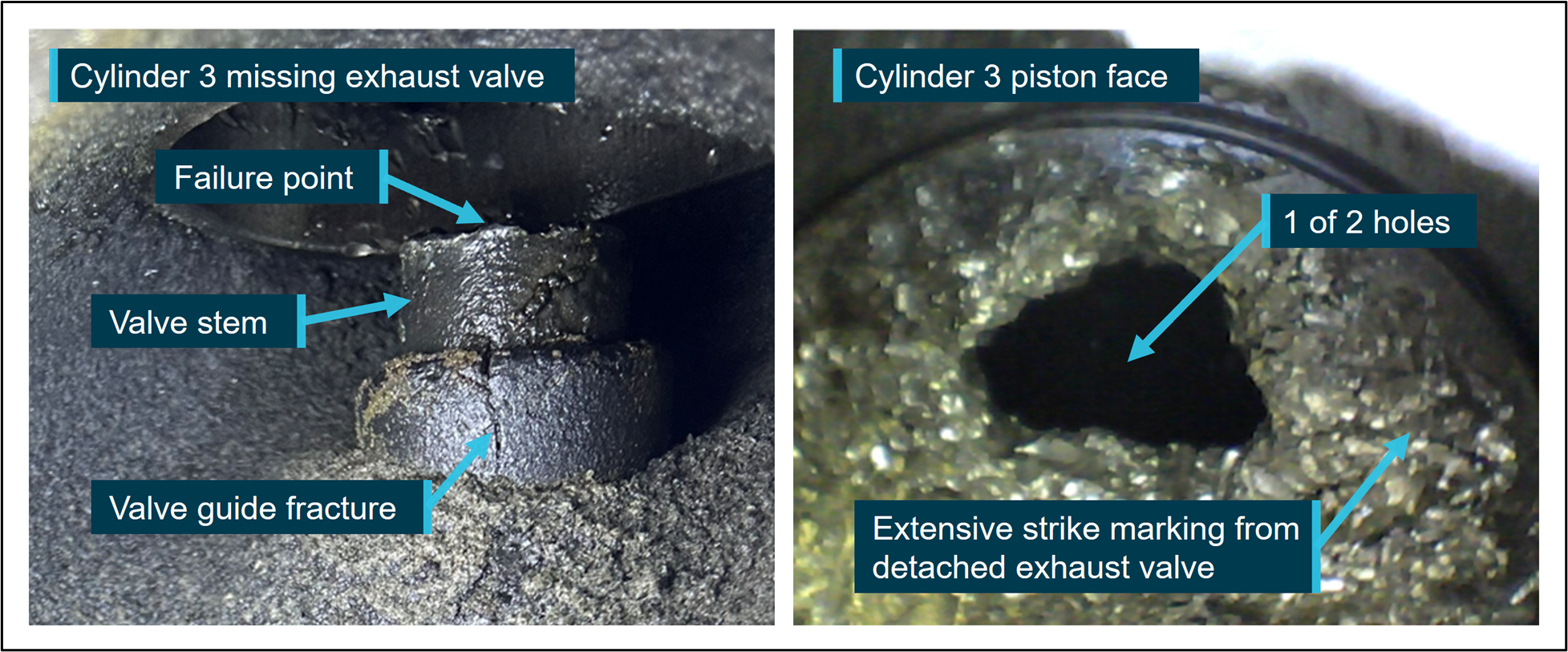 Borescope images of cylinder 3 showing the missing exhaust valve and damage to the piston face
