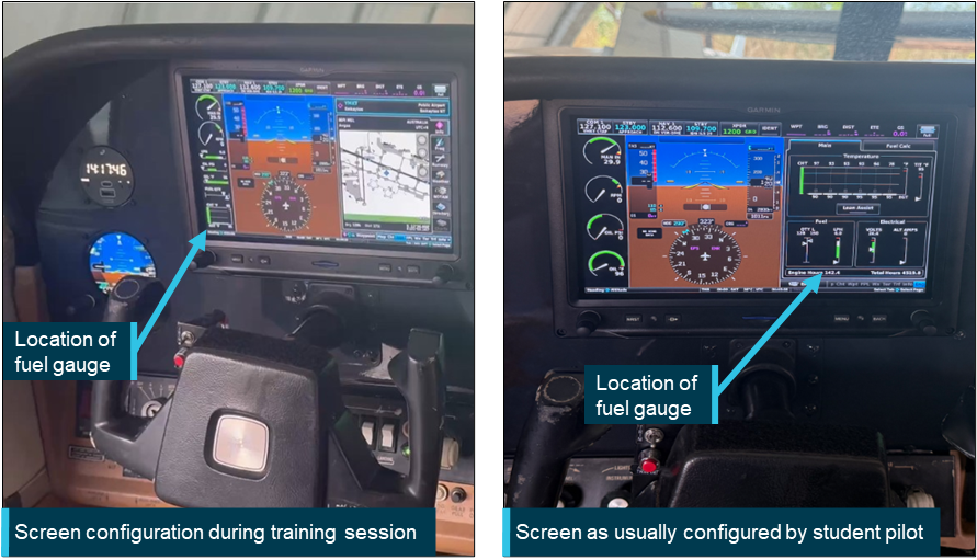 Photographs of the cockpit of a Cessna 210 showing location of fuel gauge.
