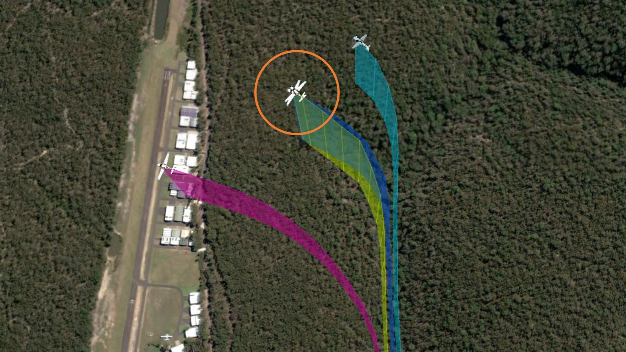 Flight track of the formation showing the collision point between #3 (blue) and #2 (yellow).