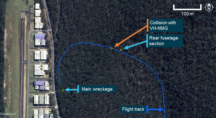 The figures depicts a satellite picture annotated with the wreckage site locations and collision point.