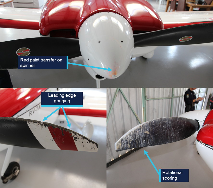 The figure is photograph of the propeller damage on VH-NMG.