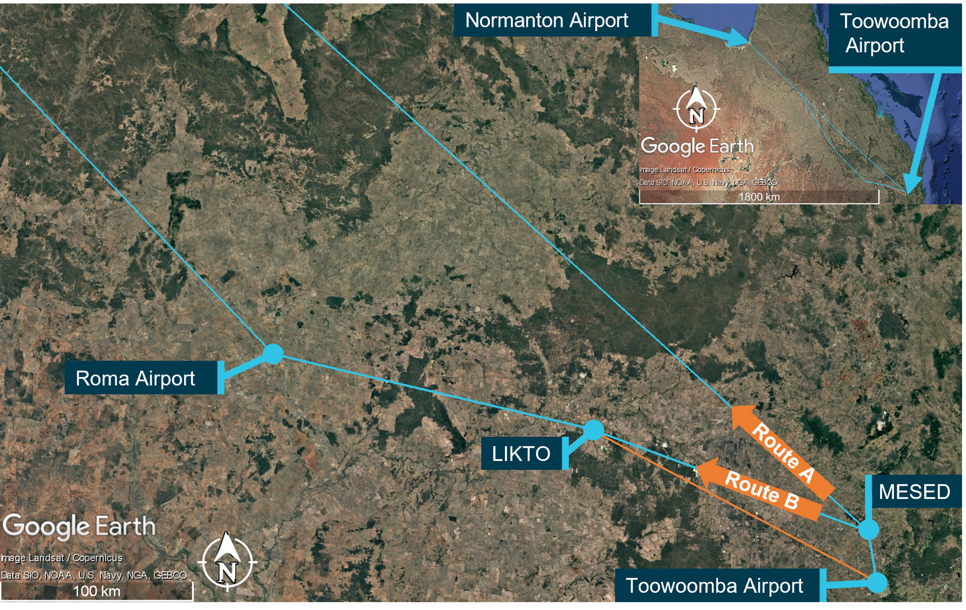 The image shows the position of different waypoints along the different routes that the pilot had planned to fly along.